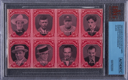 1929 Exhibit “Star Picture Stamps” Arcade Card Featuring Babe Ruth, Jack Dempsey and Charlie Chaplin – BVG Authentic